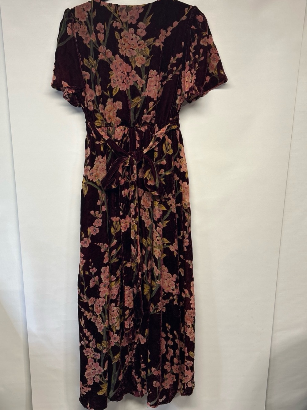Velvet Floral Wrap Maxi Dress in Burgundy with Pink Blooms - Picture 4 of 4